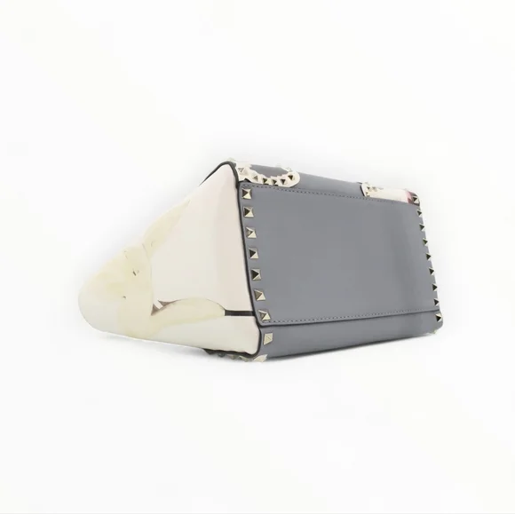 Valentino Garavani Floral Rockstud Crossbody 2way Tote Bag Gray Cream Leather - Picture 6 of 10